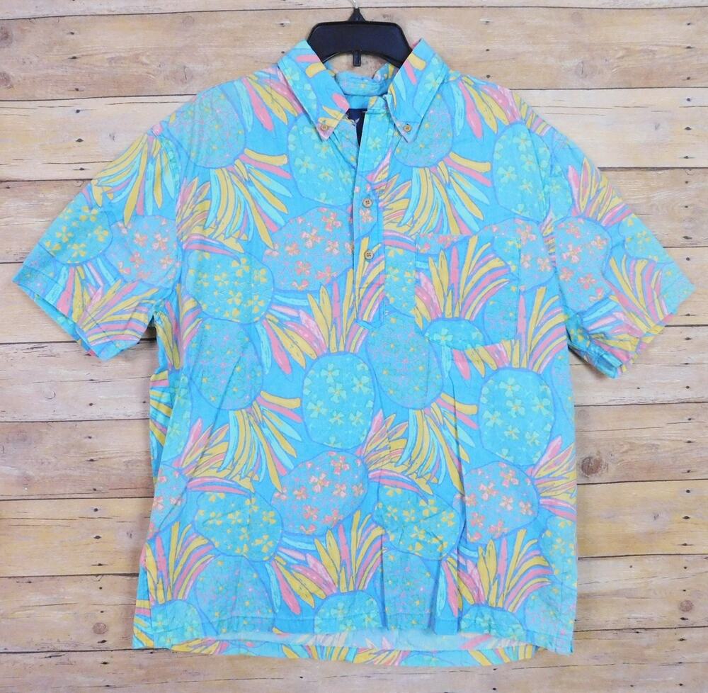 The Nutter Men's L Pineapple Hawaiian Button Down Shirt Short Sleeve Blue Pink